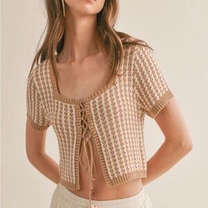 Blue Rain Beige & Cream Knit Lace-Up Crop Top
